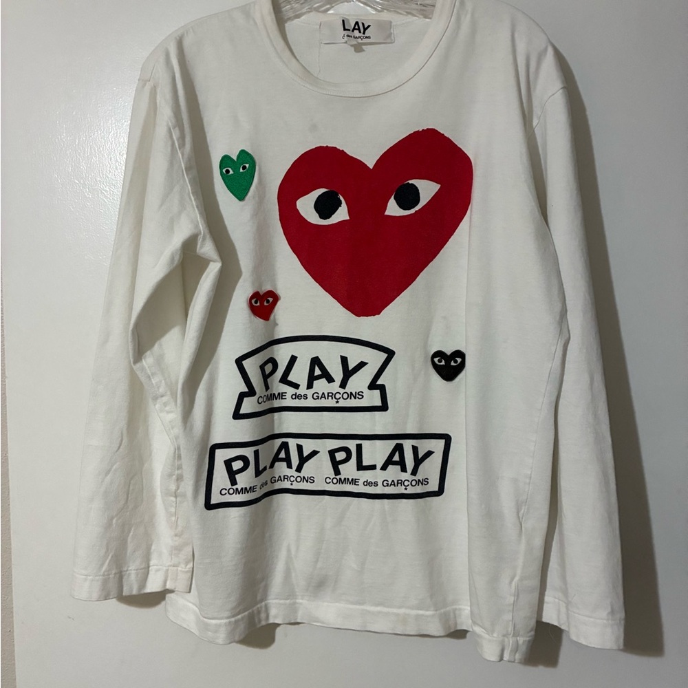 Comme des Garcons Men's XL Long Sleeve Tee - White with Red and Green Graphics